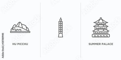 monuments outline icons set. thin line icons such as hu picchu, , summer palace vector. linear icon sheet can be used web and mobile