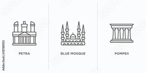 monuments outline icons set. thin line icons such as petra, blue mosque, pompeii vector. linear icon sheet can be used web and mobile