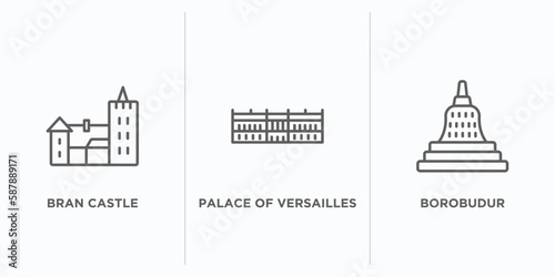 monuments outline icons set. thin line icons such as bran castle, palace of versailles, borobudur vector. linear icon sheet can be used web and mobile