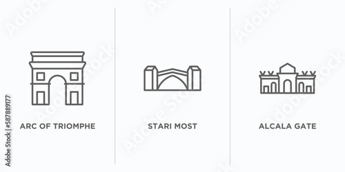 monuments outline icons set. thin line icons such as arc of triomphe, stari most, alcala gate vector. linear icon sheet can be used web and mobile photo