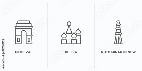 monuments outline icons set. thin line icons such as medieval, russia, qutb minar in new delhi vector. linear icon sheet can be used web and mobile