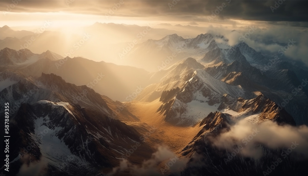 Majestic mountain range glows at sunrise, frozen generated by AI Majestic mountain range glows at sunrise, frozen generated by AI