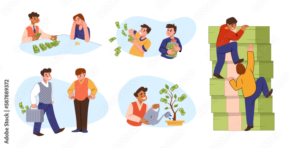Money salary. Finance ladder levels. Businessman in growth and richness. Poor and rich persons. Unequal income for junior workers. Stingy or generous. Banknotes stack. Vector financial set