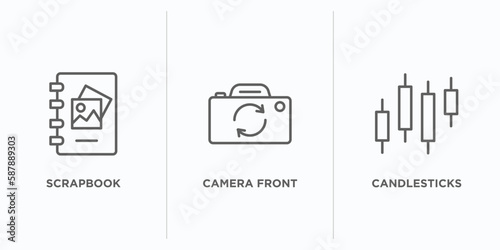 miscellaneous collection. outline icons set. thin line icons such as scrapbook, camera front, candlesticks vector. linear icon sheet can be used web and mobile
