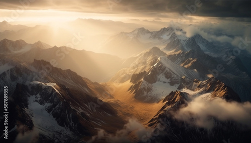 Majestic mountain range glows at sunrise, frozen generated by AI