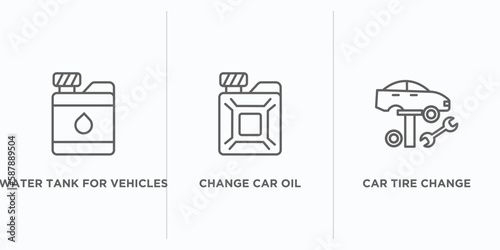 mechanicons outline icons set. thin line icons such as water tank for vehicles, change car oil, car tire change vector. linear icon sheet can be used web and mobile