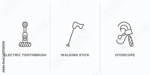 medical outline icons set. thin line icons such as electric toothbrush, walking stick, otoscope vector. linear icon sheet can be used web and mobile