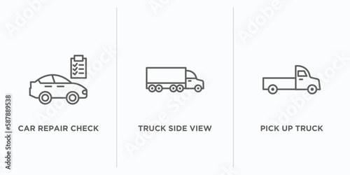 mechanicons outline icons set. thin line icons such as car repair check, truck side view, pick up truck vector. linear icon sheet can be used web and mobile