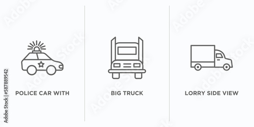 mechanicons outline icons set. thin line icons such as police car with lights, big truck, lorry side view vector. linear icon sheet can be used web and mobile