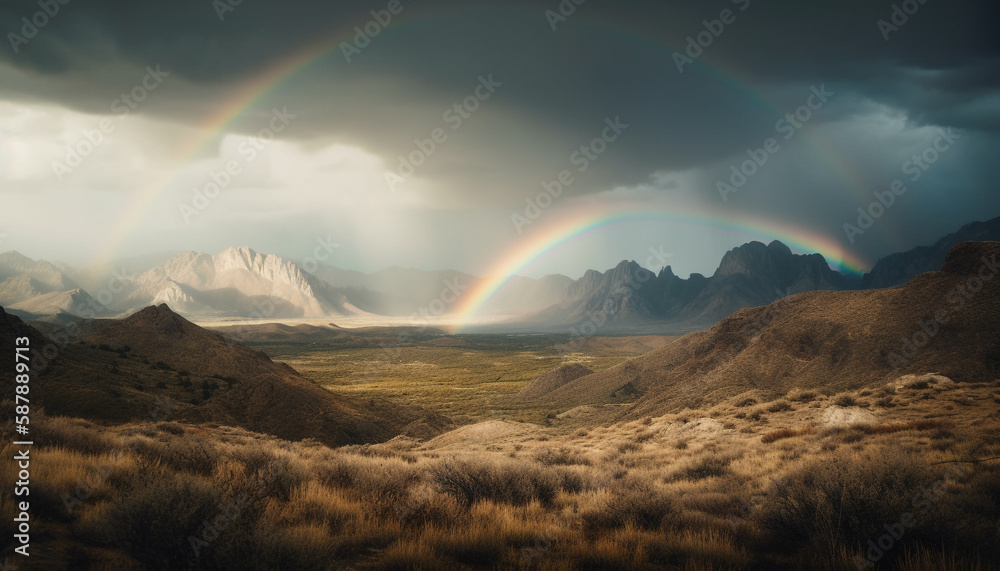 Majestic mountains, rainbow colors, stunning landscape beauty generated by AI