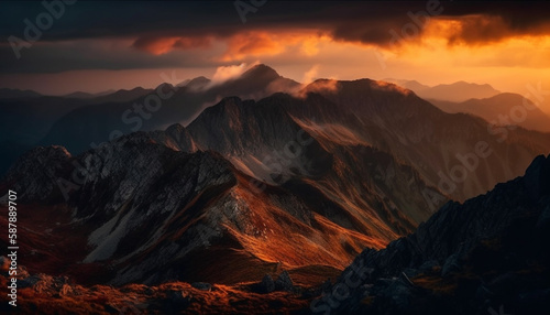 Majestic mountain range, tranquil sunset silhouette generated by AI