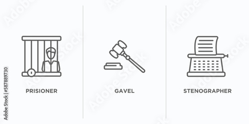 law and justice collection. outline icons set. thin line icons such as prisioner, gavel, stenographer vector. linear icon sheet can be used web and mobile