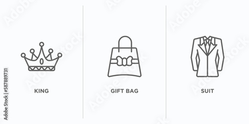 luxury outline icons set. thin line icons such as king, gift bag, suit vector. linear icon sheet can be used web and mobile