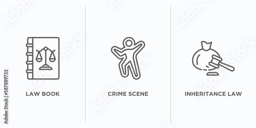 law and justice outline icons set. thin line icons such as law book, crime scene, inheritance law vector. linear icon sheet can be used web and mobile