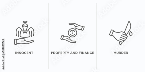 law and justice outline icons set. thin line icons such as innocent, property and finance, murder vector. linear icon sheet can be used web and mobile