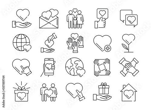 Support in relationships. Heart in hands. Outline icons. Community respect. Care in partnership. Social handshake and trust. Solidarity and cooperation. Family love. Vector symbols set