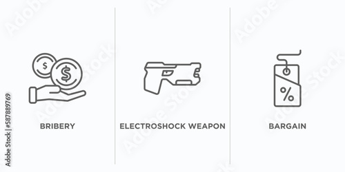 law and justice outline icons set. thin line icons such as bribery, electroshock weapon, bargain vector. linear icon sheet can be used web and mobile