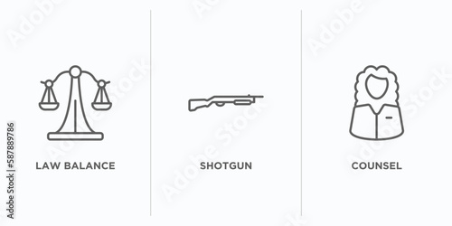law and justice outline icons set. thin line icons such as law balance, shotgun, counsel vector. linear icon sheet can be used web and mobile
