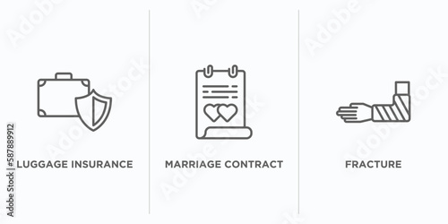 insurance outline icons set. thin line icons such as luggage insurance, marriage contract, fracture vector. linear icon sheet can be used web and mobile