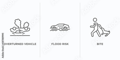 insurance outline icons set. thin line icons such as overturned vehicle, flood risk, bite vector. linear icon sheet can be used web and mobile