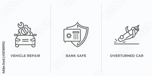 insurance outline icons set. thin line icons such as vehicle repair, bank safe, overturned car vector. linear icon sheet can be used web and mobile