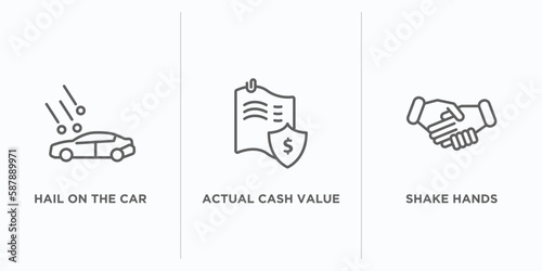 insurance outline icons set. thin line icons such as hail on the car, actual cash value, shake hands vector. linear icon sheet can be used web and mobile