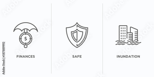 insurance outline icons set. thin line icons such as finances, safe, inundation vector. linear icon sheet can be used web and mobile