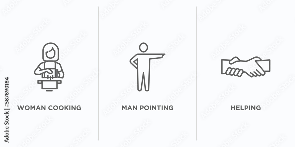 Fototapeta premium humans outline icons set. thin line icons such as woman cooking, man pointing, helping vector. linear icon sheet can be used web and mobile