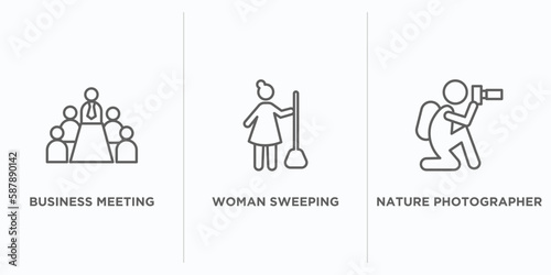humans outline icons set. thin line icons such as business meeting, woman sweeping, nature photographer vector. linear icon sheet can be used web and mobile
