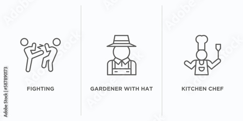 humans outline icons set. thin line icons such as fighting, gardener with hat, kitchen chef vector. linear icon sheet can be used web and mobile