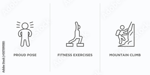humans outline icons set. thin line icons such as proud pose, fitness exercises, mountain climb vector. linear icon sheet can be used web and mobile