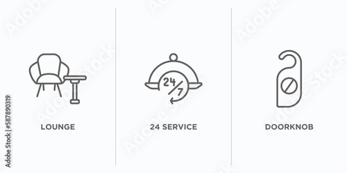 hotel and restaurant outline icons set. thin line icons such as lounge, 24 service, doorknob vector. linear icon sheet can be used web and mobile