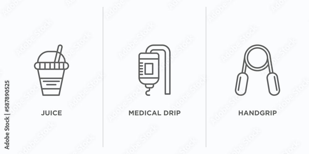 health and medical outline icons set. thin line icons such as juice, medical drip, handgrip vector. linear icon sheet can be used web and mobile