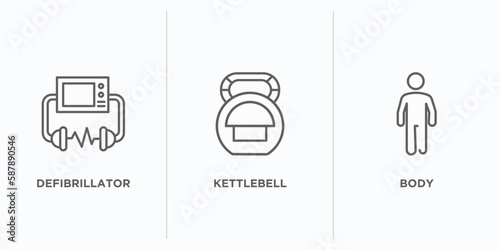 health and medical outline icons set. thin line icons such as defibrillator, kettlebell, body vector. linear icon sheet can be used web and mobile