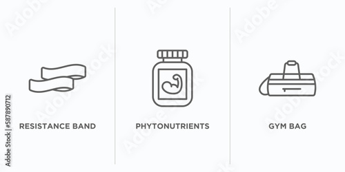 gym and fitness outline icons set. thin line icons such as resistance band, phytonutrients, gym bag vector. linear icon sheet can be used web and mobile