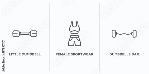 gym and fitness outline icons set. thin line icons such as little dumbbell, female sportwear, dumbbells bar vector. linear icon sheet can be used web and mobile