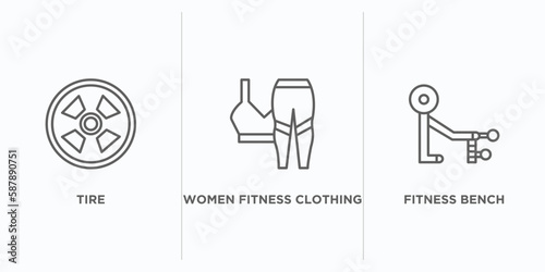 gym equipment outline icons set. thin line icons such as tire  women fitness clothing  fitness bench vector. linear icon sheet can be used web and mobile