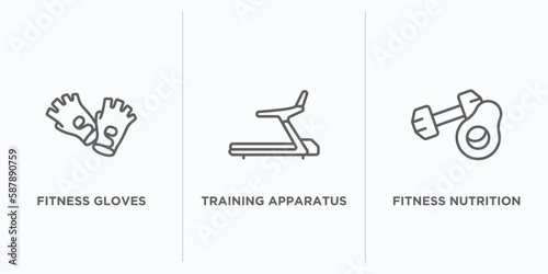 gym and fitness outline icons set. thin line icons such as fitness gloves, training apparatus, fitness nutrition vector. linear icon sheet can be used web and mobile
