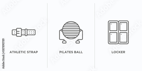 gym and fitness outline icons set. thin line icons such as athletic strap, pilates ball, locker vector. linear icon sheet can be used web and mobile