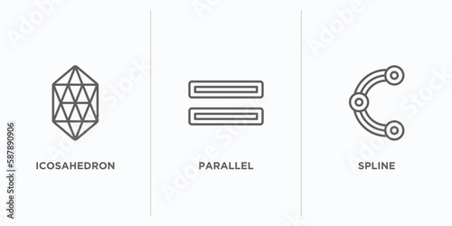 geometry outline icons set. thin line icons such as icosahedron, parallel, spline vector. linear icon sheet can be used web and mobile
