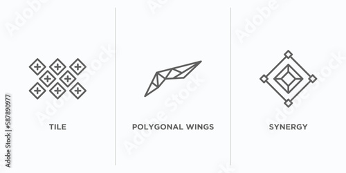 geometric figure outline icons set. thin line icons such as tile, polygonal wings, synergy vector. linear icon sheet can be used web and mobile