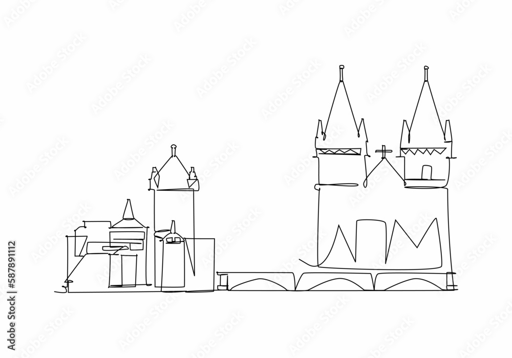 Fairytale castle. Hand drawn  vector illustration. Outline drawing sketch for kids coloring.