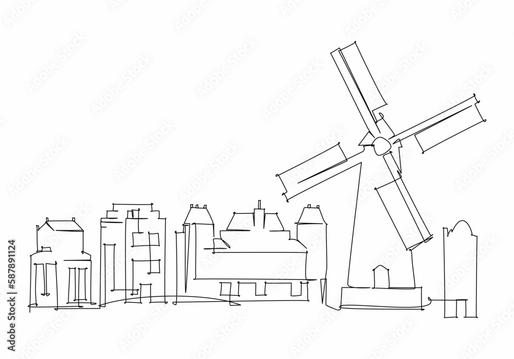 Single line drawing of a Europe city skyline. flat design for travel and tourism destination promotion design