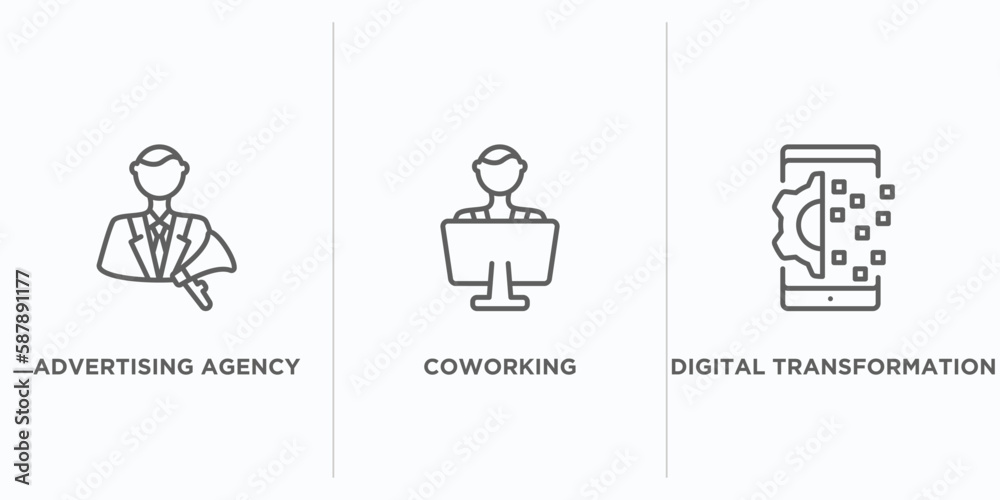 general outline icons set. thin line icons such as advertising agency, coworking, digital transformation vector. linear icon sheet can be used web and mobile general outline icons set. thin line icons such as advertising agency, coworking, digital transformation vector. linear icon sheet can be used web and mobile