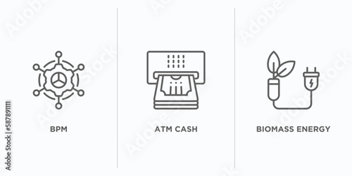 general outline icons set. thin line icons such as bpm, atm cash, biomass energy vector. linear icon sheet can be used web and mobile