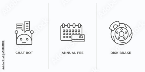general outline icons set. thin line icons such as chat bot, annual fee, disk brake vector. linear icon sheet can be used web and mobile