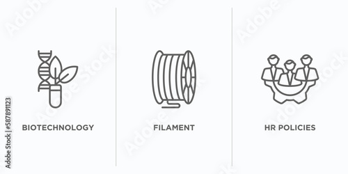 general outline icons set. thin line icons such as biotechnology, filament, hr policies vector. linear icon sheet can be used web and mobile