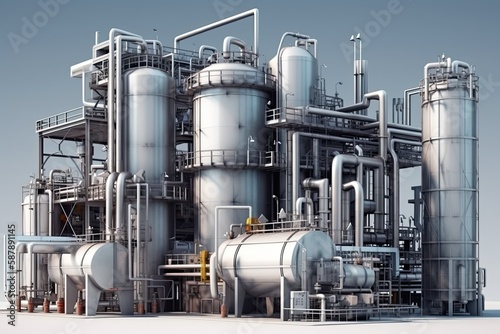 Illustration of an industrial complex with multiple tanks and pipes. Generative AI