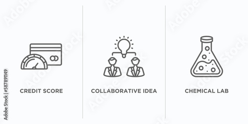 general outline icons set. thin line icons such as credit score, collaborative idea, chemical lab vector. linear icon sheet can be used web and mobile