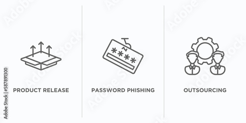 general outline icons set. thin line icons such as product release, password phishing, outsourcing vector. linear icon sheet can be used web and mobile